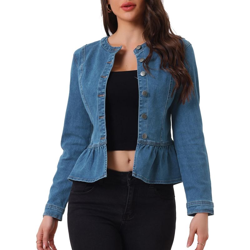 INSPIRE CHIC Women's Peplum Collarless Round Neck Button Down Cropped Ruffle Hem Denim Jackets Small Denim Blue