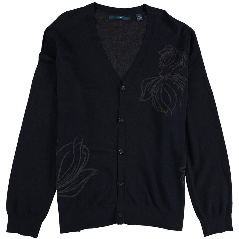Perry Ellis Mens Floral Print Cardigan Sweater, darkblue, XX-Large