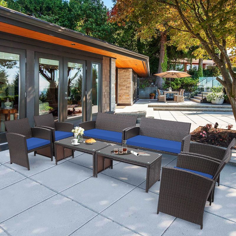Costway 8PCS Patio Rattan Furniture Set Cushioned Chair Sofa Coffee Table Navy