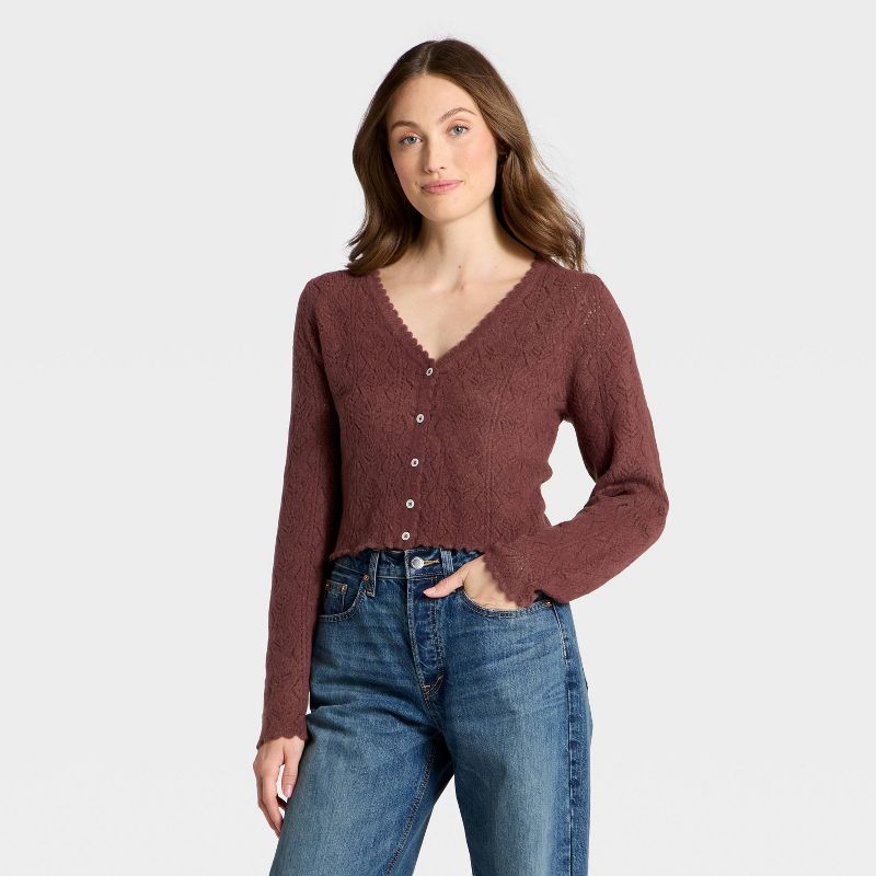 Women's V-Neck Cozy Lace Cardigan Sweater - Universal Thread™ Burgundy M