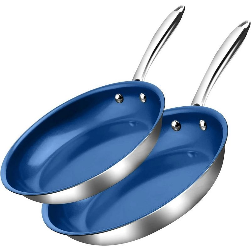 Granitestone 2 Piece Stainless Steel Ceramic Nonstick Blue Fry Pan Set 10 Inch 11 Inch Oven Safe Induction