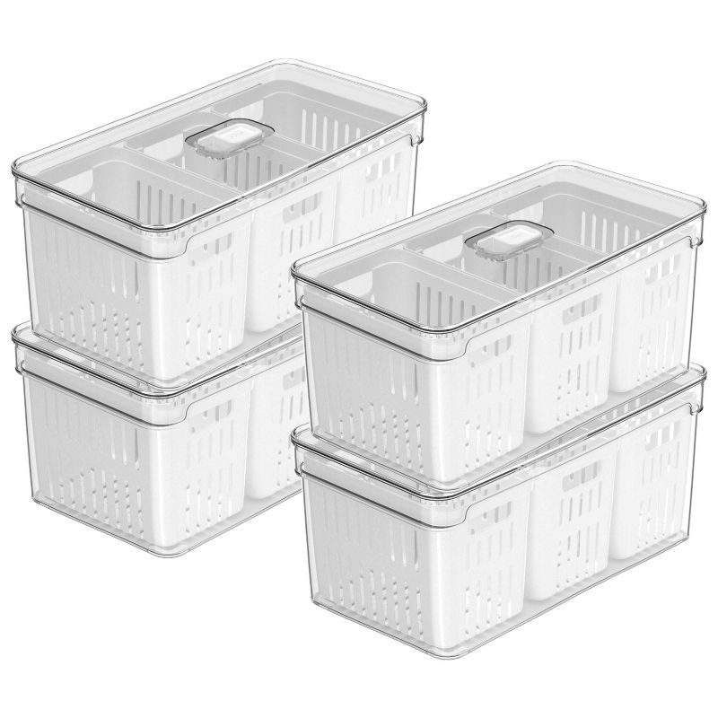 OU Fridge Organizer Bins with Drain Baskets & Vented Lid, Clear Stackable Refrigerator Storage Bin, Produce Kitchen Storage Container, BPA Free