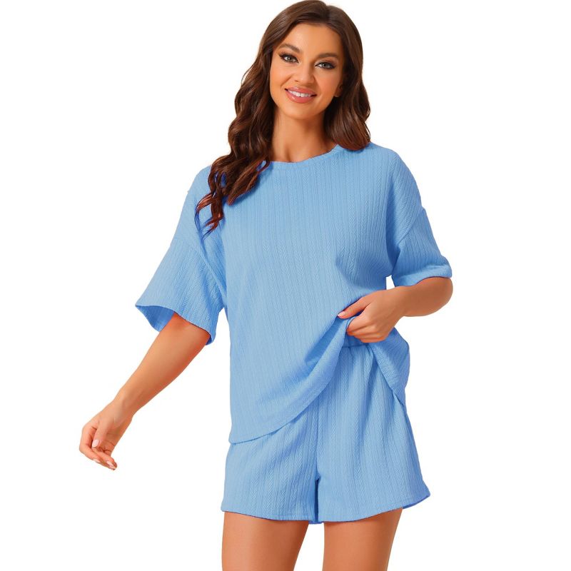 cheibear Women's Lounge Outfits Casual Round Neck Shorts Sleeves Ribbed Tops with Shorts Pajama Sets Blue Small