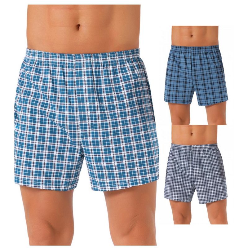 INSPIRE CHIC Men's 3 Pack Classic Plaid Pattern Boxer Shorts 1 Blue White 1 Dark Blue 1 Navy 36