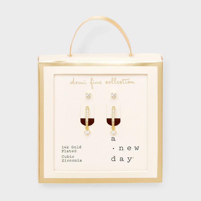 14k Gold Plated Cubic Zirconia Studs Hoop Earring Set 2pc - A New Day™ Gold: Nickel-Free, 14K Gold Over Brass