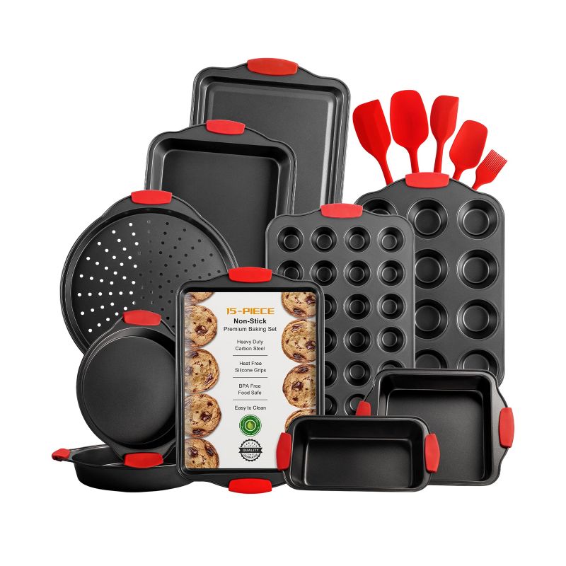 Itopfox 15-Piece Premium Nonstick Bakeware Set with Cookie Sheets, Muffin Pan, Cake Pan & Kitchen Utensils - Black