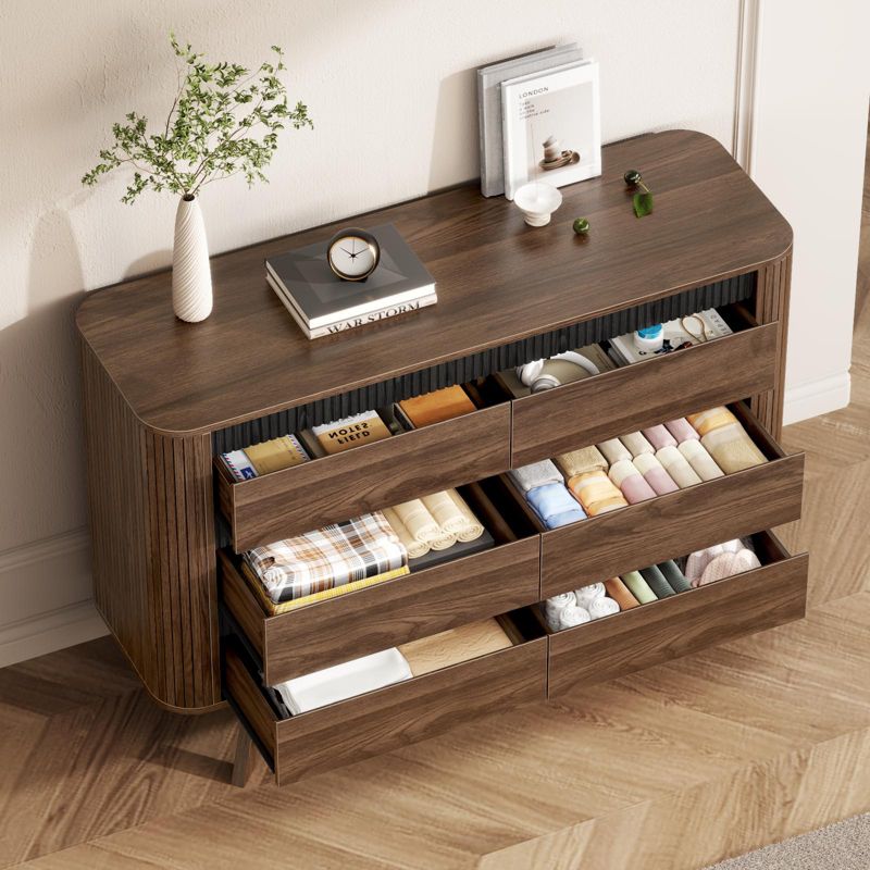 Wood 6 Drawer Double Dresser Wide Storage Chest Curved Roller Shutter Design Modern Bedroom Furniture Living Room Organizer Cabinet