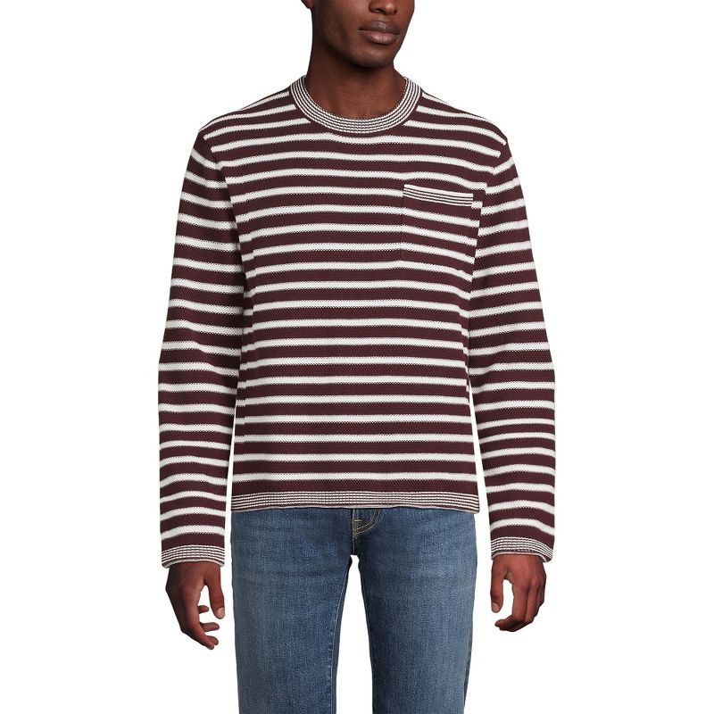 Lands' End Men's Long Sleeve Textured Cotton Crewneck Sweater - Small - Lush Burgundy Stripe