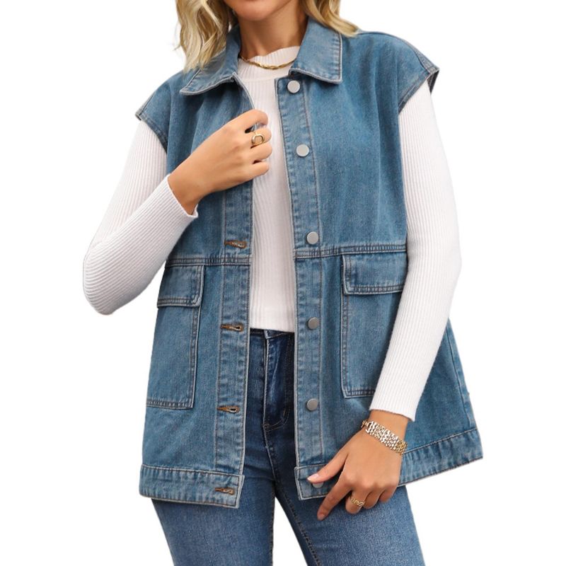 INSPIRE CHIC Women's Oversized Collared Button Down Sleeveless Long Denim Jacket Grey Blue Medium