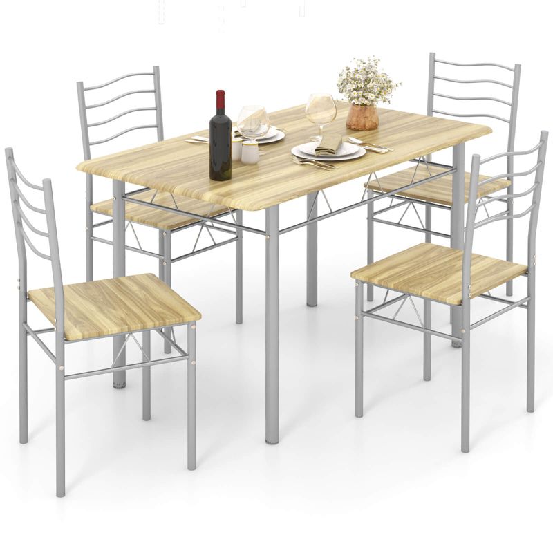 Costway 5 Piece Dining Table Set Wood Metal Kitchen Breakfast Furniture with 4 Chair Walnut