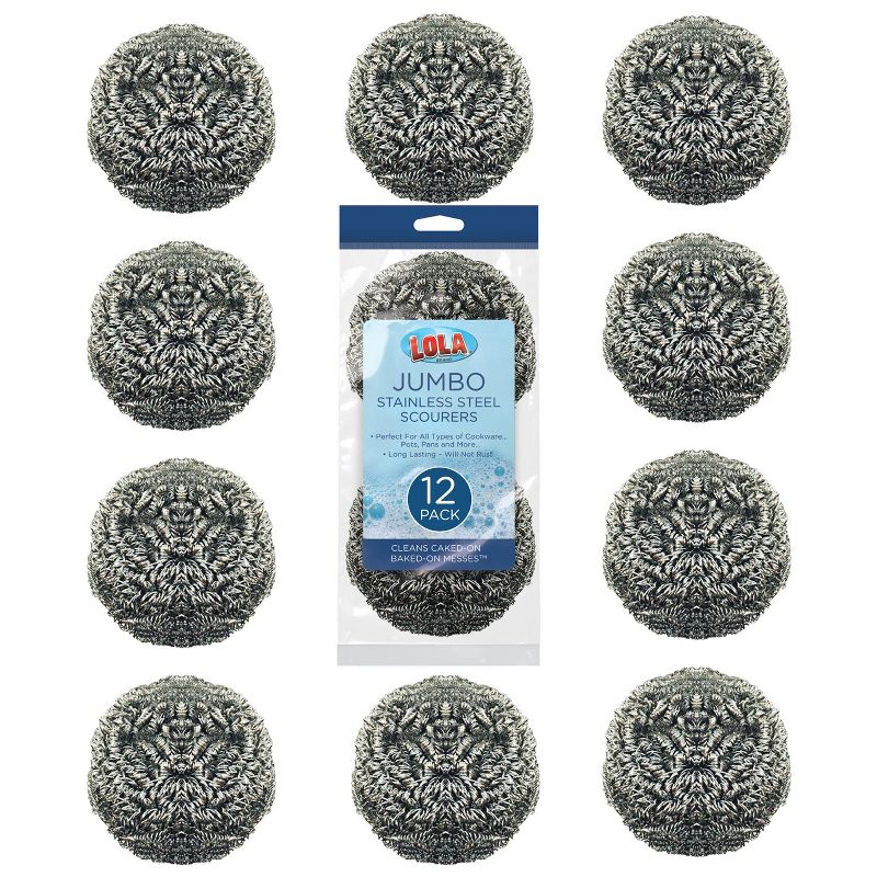 Stainless Steel Wool Scourer -Jumbo Sized- 12 Pack, 35 Grams, by LOLA, Curled Flat Wire, Cleans Caked On & Baked On Messes on Cookware