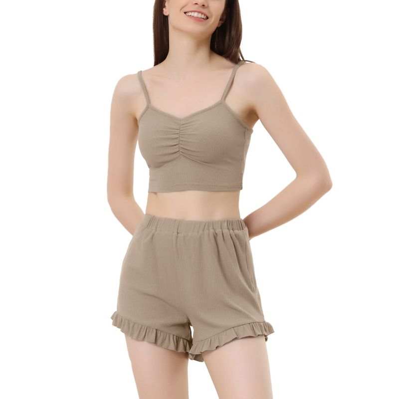 cheibear Women's Sleepwear Knit Pajamas Spaghetti Strap Runch Front Cami Lounge Pajama Set Light Brown Large
