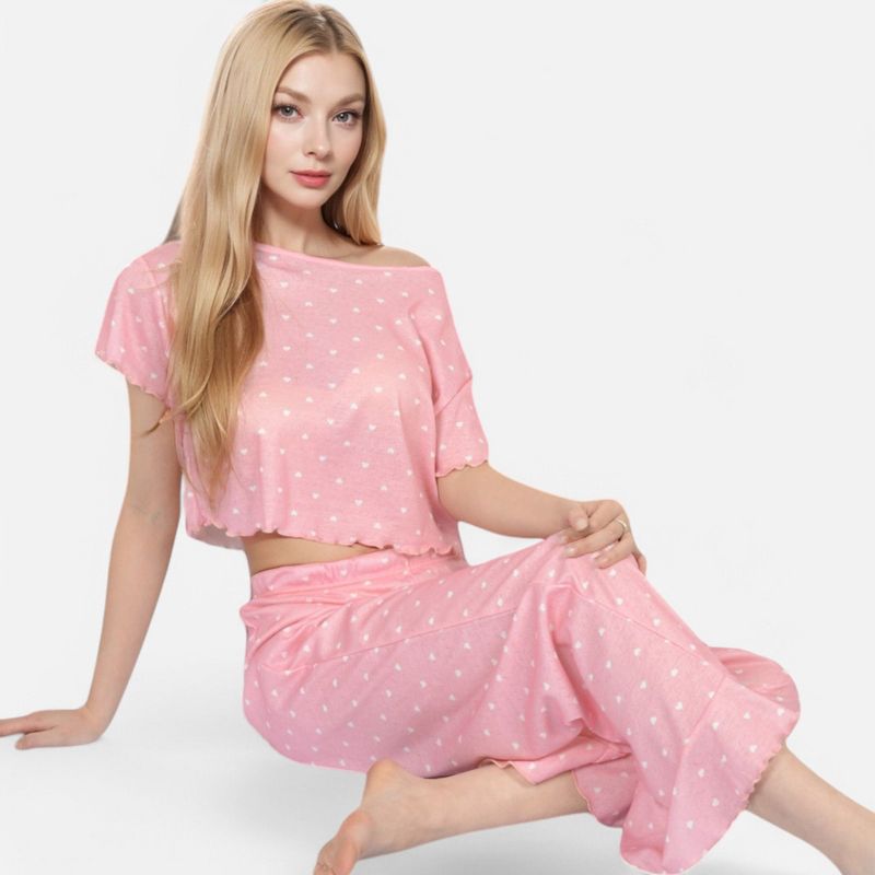 Anna-Kaci Lounge Women's Short Sleeve Lounge Set with Wide Leg Pants and Relaxed Fit - Large, Pink