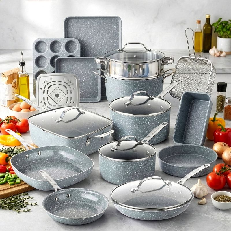 Granitestone Ceraluxe Pots and Pans Set 20 Pc Grey Ceramic Nonstick Cookware and Bakeware Set