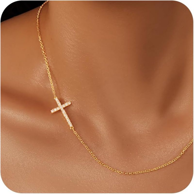 14K Gold/Silver Cross Necklace - Dainty Non-Tarnish Choker, Religious Jewelry Gift Gold One Size
