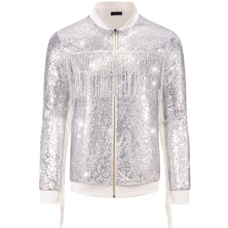 INSPIRE CHIC Men's Zipper Disco Shiny Sparkly Sequins Varsity Jacket Silver Small