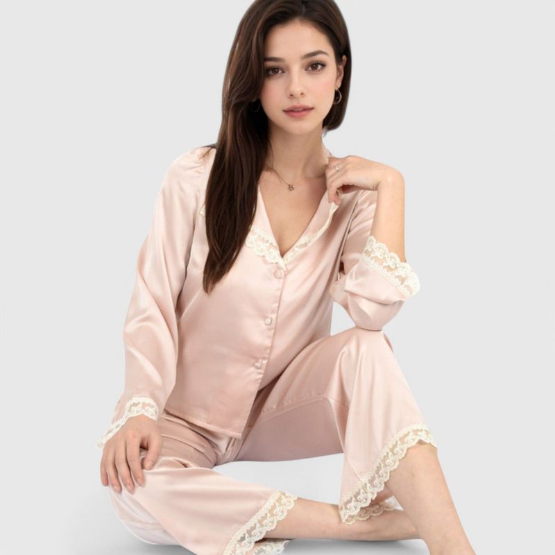 Anna-Kaci Lounge Women's Satin Pajama Set with Lace Trim and Button-Up Long Sleeve Top - Medium, Pink