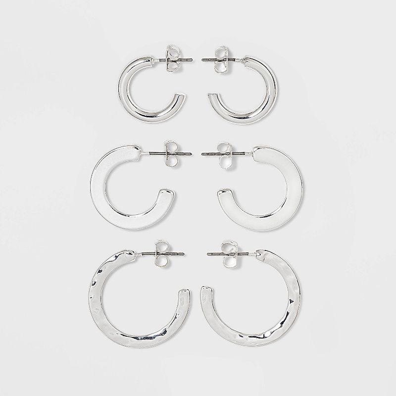 Hammered Metal Hoop Trio Earring Set 3pc - A New Day™ Silver: Nickel-Free Post, Women's Accessories, 0.98" Diameter