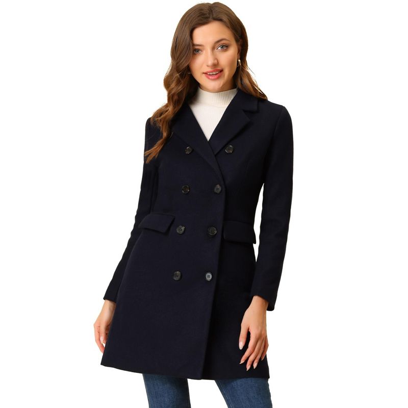 Allegra K Women's Elegant Notched Lapel Double Breasted Long Sleeve Winter Trench Coat Large Dark Blue