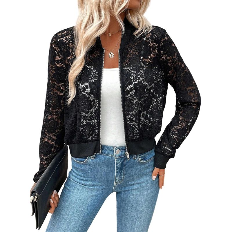 Women's Lace Knit Jacket Crochet Lace Zip Up Sheer Casual Elegance Oversized Lightweight Cardigan Black XXL