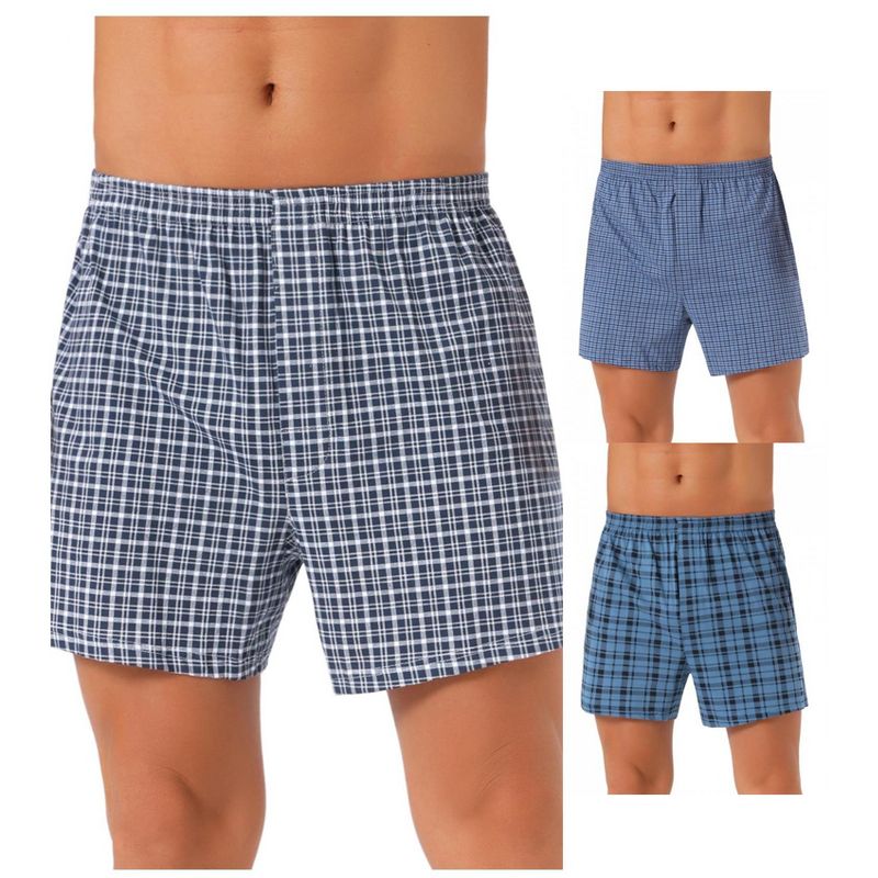 INSPIRE CHIC Men's 3 Pack Elastic Waistband Plaid Pattern Boxer Shorts 1 Dark Blue 1 Navy 1 Navy Blue 32