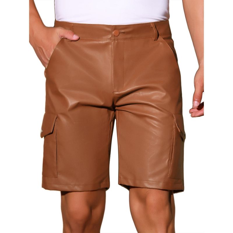 INSPIRE CHIC Men's Retro Cargo Pockets Party Biker Faux Leather Shorts Brown 34