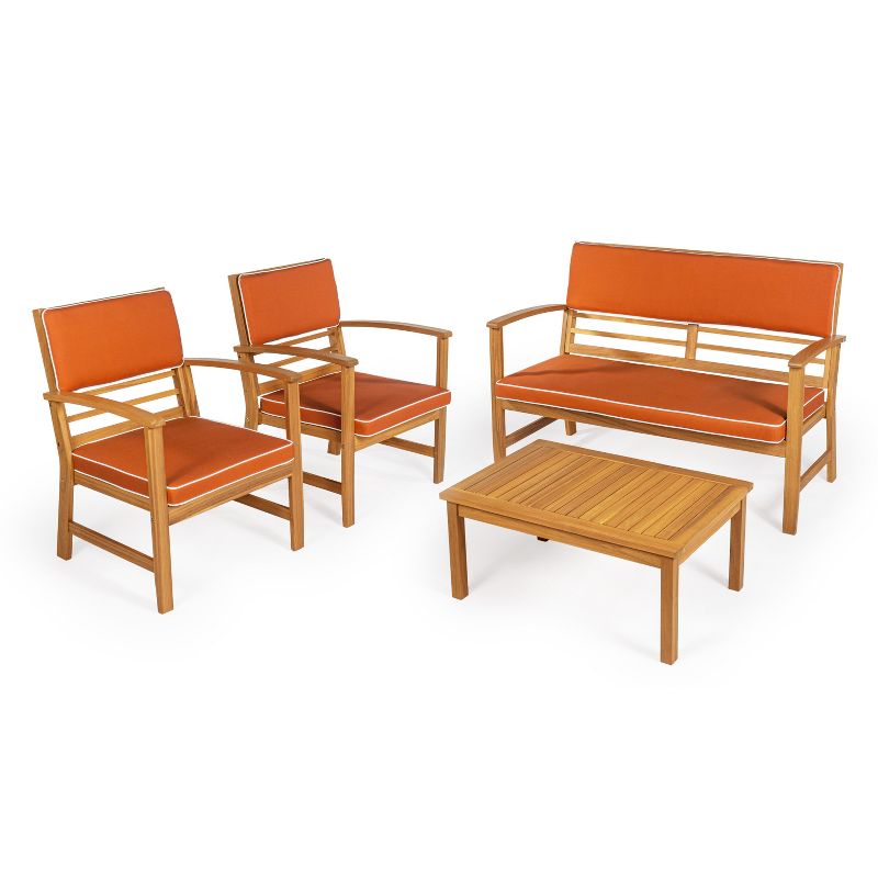 Barclay 4-Piece Modern Coastal Acacia Wood Conversation Outdoor Patio Set with Cushions, Orange/Teak Brown - JONATHAN Y