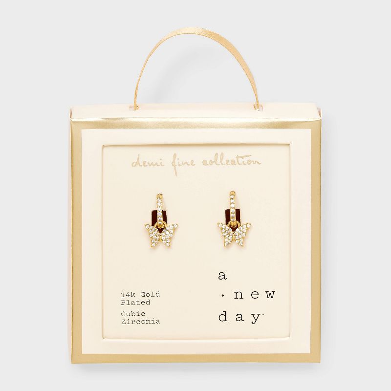 14k Gold Plated Brass Cubic Zirconia Pave Butterfly with Pave Huggie Hoop Earrings - A New Day™ Gold: Nickel-Free, Clip-In Clasp