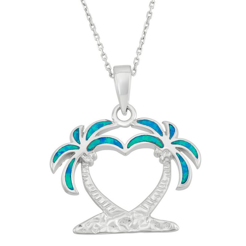 Opalata Sterling Silver, Blue Inaly Opal Two Palm Trees Heart 18" Pendant Necklace - Blue