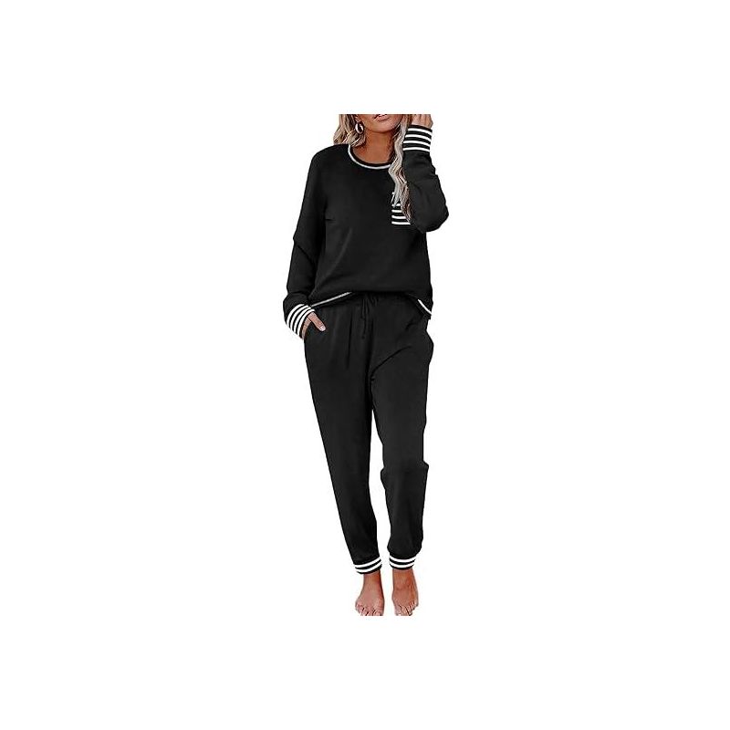 Ekouaer Pajamas Women's Long Sleeve Pj Set Soft 2 Piece Loungewear Sleepwear with Jogger Pants Black XL