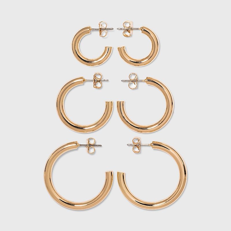 Pipe Hoop Earring Trio Set 3pc - A New Day™ Gold: Nickel-Free Metal, Post Closure, 0.7" Width, Lightweight Design
