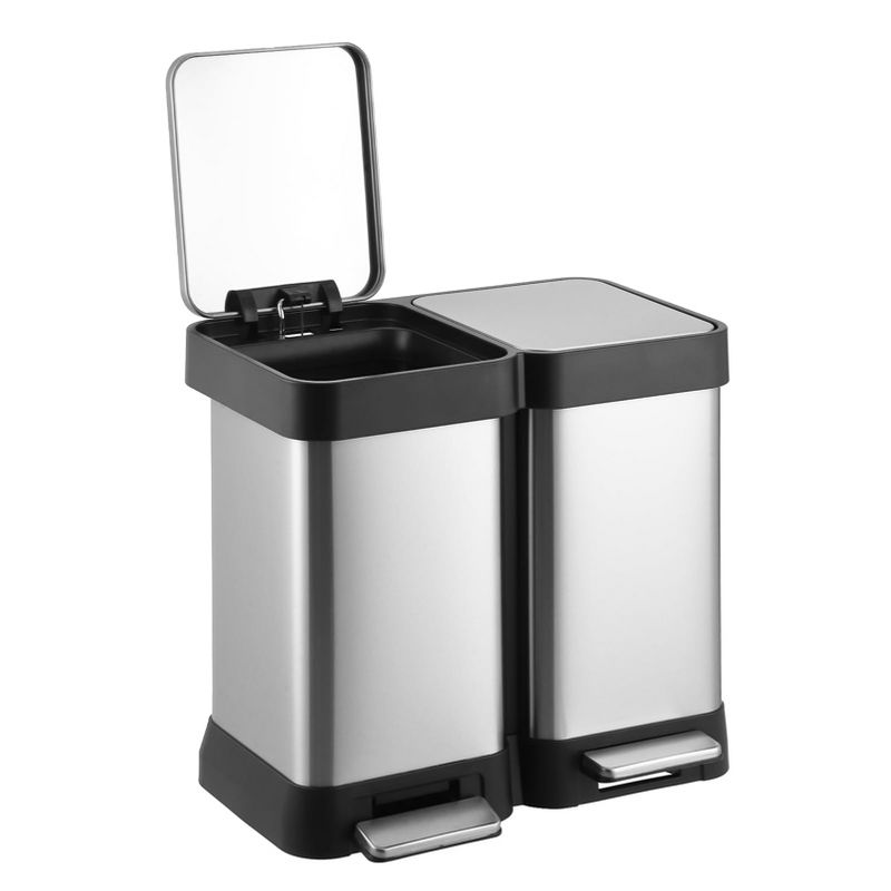 EcoSummer 13 Gal Dual Compartment Stainless Steel Trash Can, Step-On Recycling Bin with Soft-Close Lid.