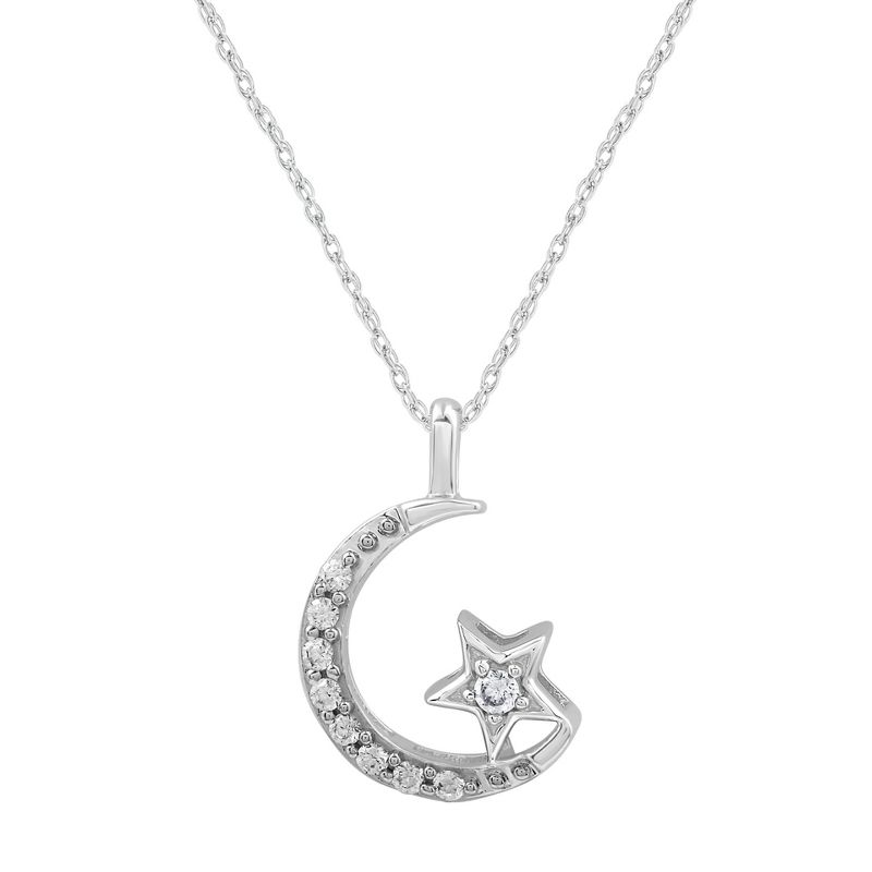 GILDED 1/10 CTTW Natural Round-Cut Diamond Moon & Star Pendant Necklaces in 10KT White Gold, 18" Chain