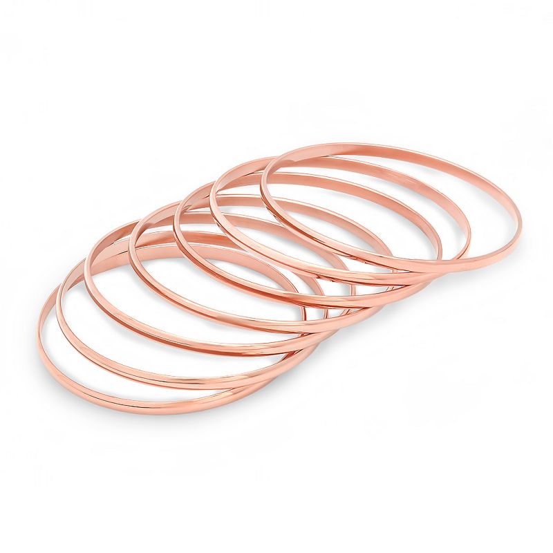 Steeltime 18k Rose Gold Plated Ladies Stainless Steel Set Of 7 One Size Bangles. Color Options: Silver, Gold, Rose