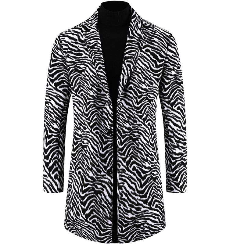 INSPIRE CHIC Men's Animal Printed Notched Lapel Classic Vintage Winter Overcoats Black White X Large
