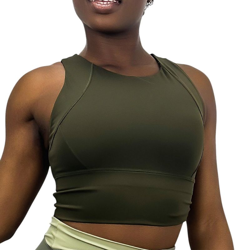 Anna-Kaci Active Women's High Neck Seamless Crop Tank Top with Wide Straps and Stretch Compression Fit- Small, Olive Green