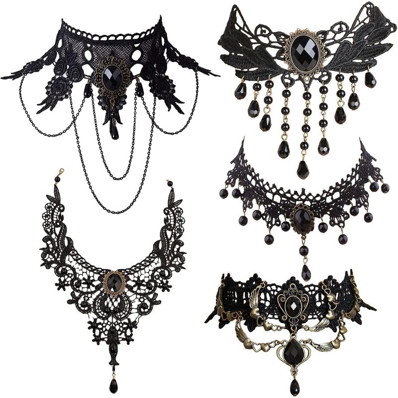 5-Piece Gothic Choker Set - Victorian Lace Necklace with Pendant, Steampunk Wedding & Cosplay Jewelry