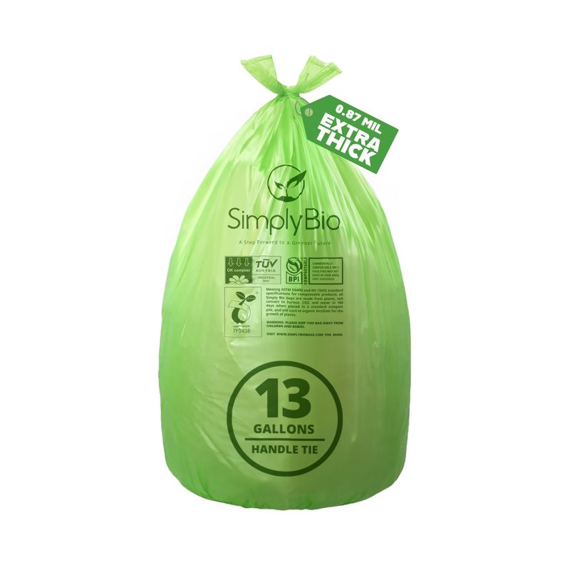 Simply Bio 13 Gallon Compostable Trash Bags Handle-Tie, Thick 0.87 Mil, 49.21 Liter, 30 Bags, Tall Kitchen Food Scrap Waste Bag