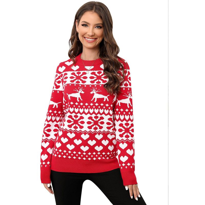 Coolmee Ugly Christmas Sweater for Women Reindeer Snowflake Crewneck Knit Pullover Sweaters Funny Holiday Sweaters Red 2XL