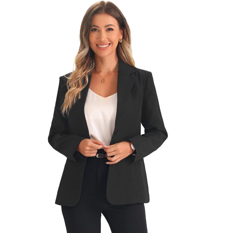 Allegra K Women's Lapel Long Sleeve Pockets Shoulder Pads Blazers Black Small
