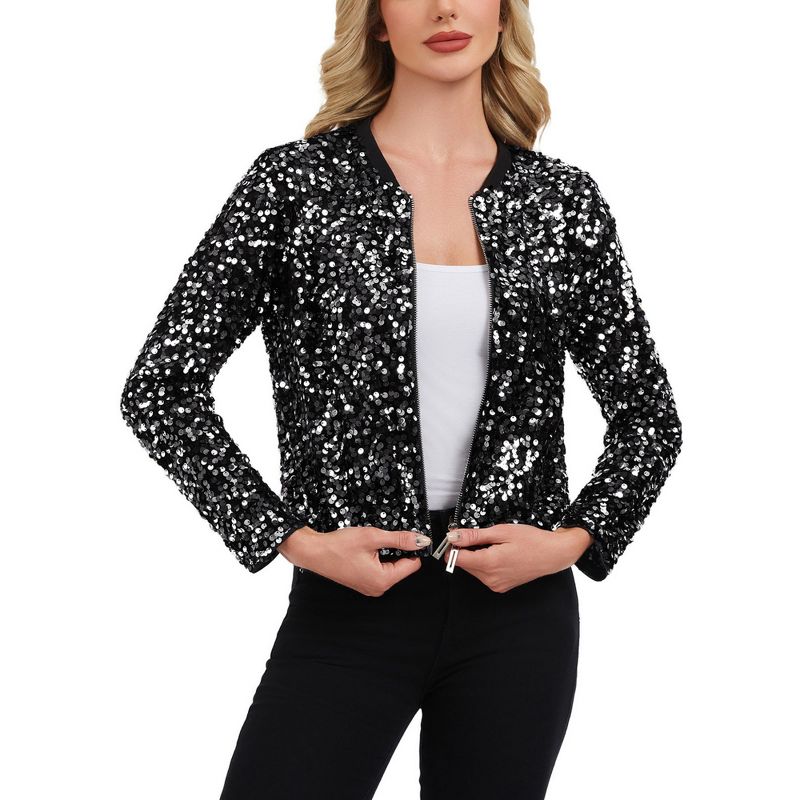 Anna-Kaci Women's Sequin Bomber Jacket with Zipper Front and Ribbed Trim - X Large, Black