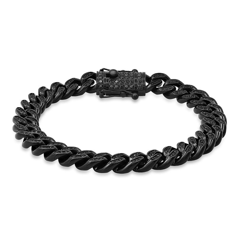 Steeltime Men's black ip stainless steel and simulated black diamonds thick cuban link chain bracelet