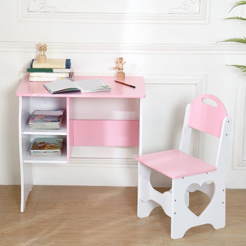 Angel Sar Kids Desk and Chair Set, Wooden Study Table with Storage Shelf, White and Pink Cat Pattern Design, Study Furniture for Children's Bedroom