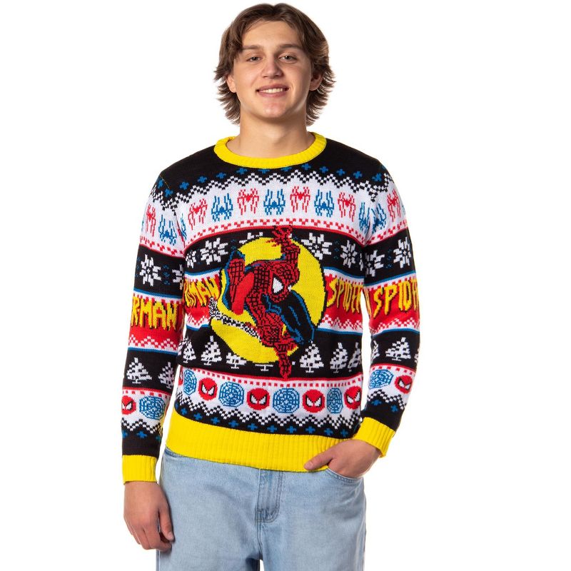 Disney Marvel Men's Spider-Man Spidey Jump Adult Ugly Christmas Pullover Sweater (Yellow/Black, X-Large) Multicolored