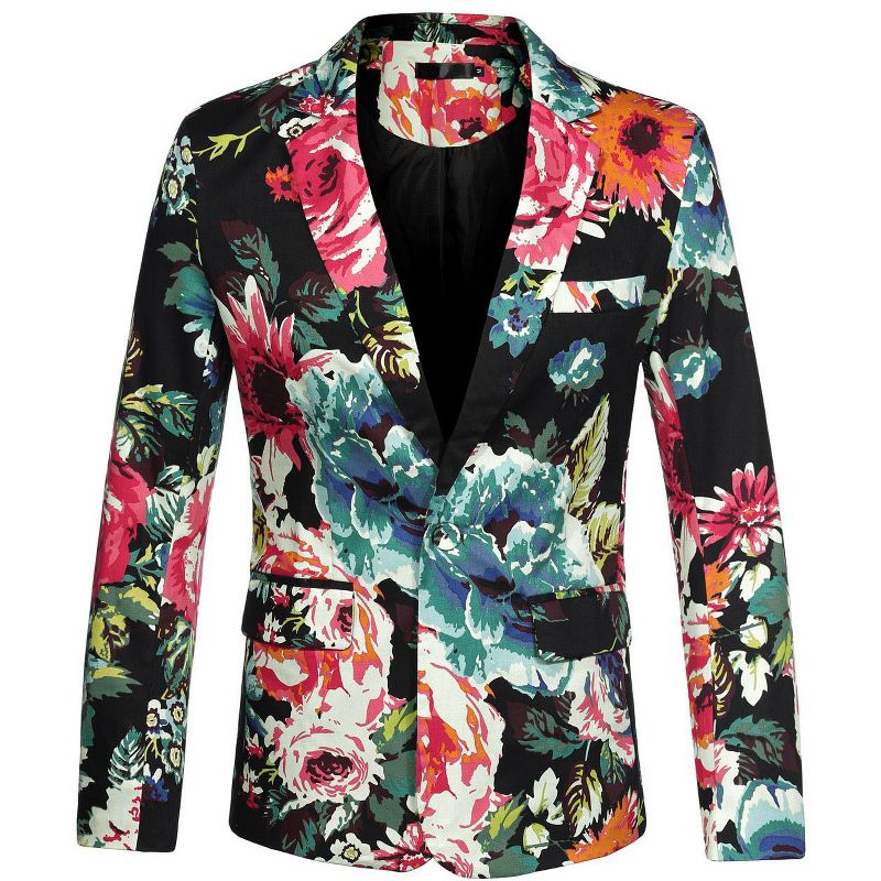 Lars Amadeus Men's Slim Fit One Button Prom Floral Print Blazer Jacket Black Blue 34
