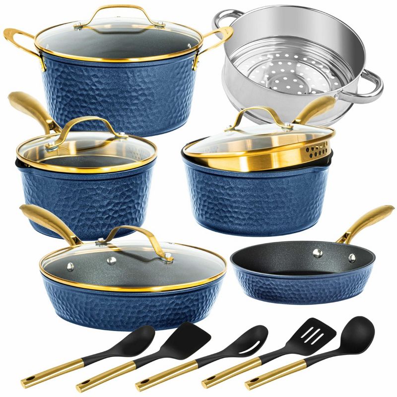 Granitestone Cookware Set Charleston Hammered Navy 15 Piece Ceramic Nonstick Induction Pots and Pans Cookware Set