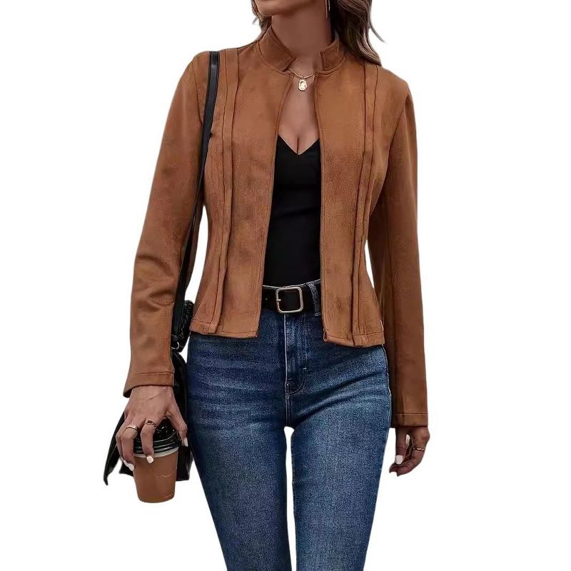 Coolmee Women's Faux Leather Jacket, Casual Fashion Quilted Zip Up Suede Coat With Elastic Rib Brown L