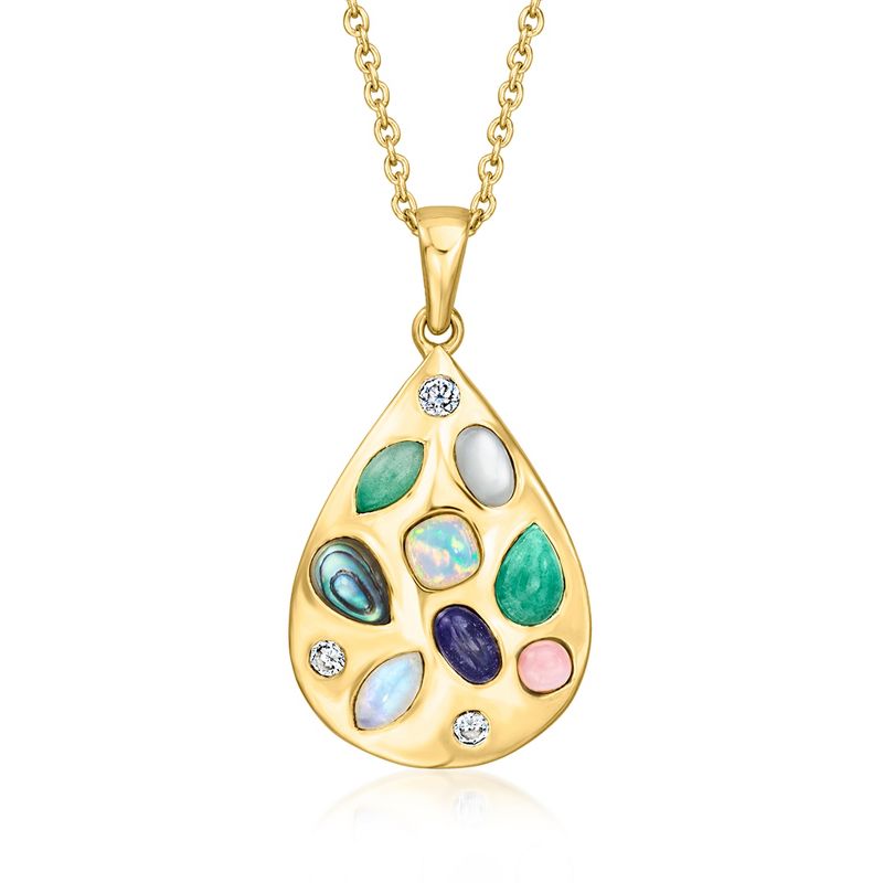 Ross-Simons Multi-Gemstone Teardrop Pendant Necklace With .18 ct. t.w. Lab-Grown Diamonds in 18kt Gold Over Sterling Size 18