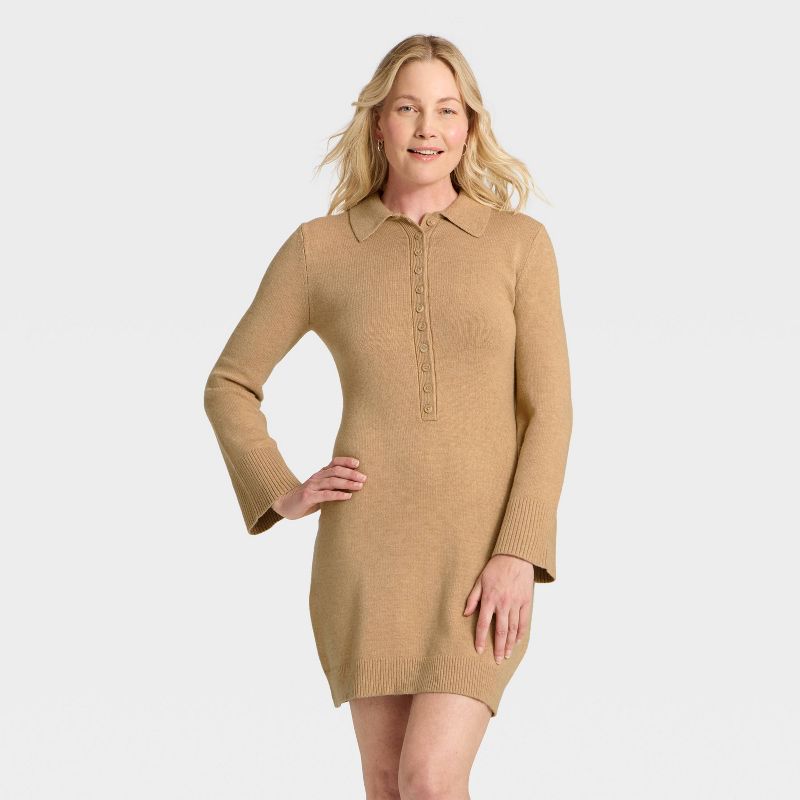 Women's Long Sleeve Sweater Dress - A New Day™ Light Heather Brown M