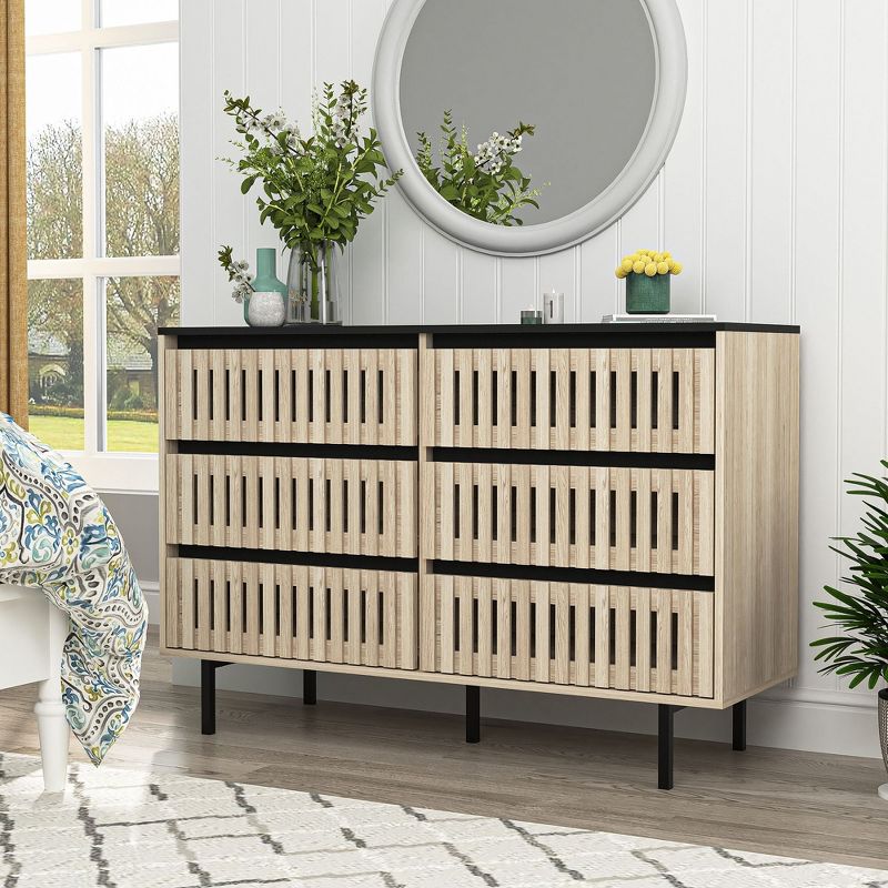 Resenkos Rustic Boho Wood Dresser for Bedroom with 6 Drawers, Hollow Design Storage Organizer Bedroom Furniture, Natural Brown